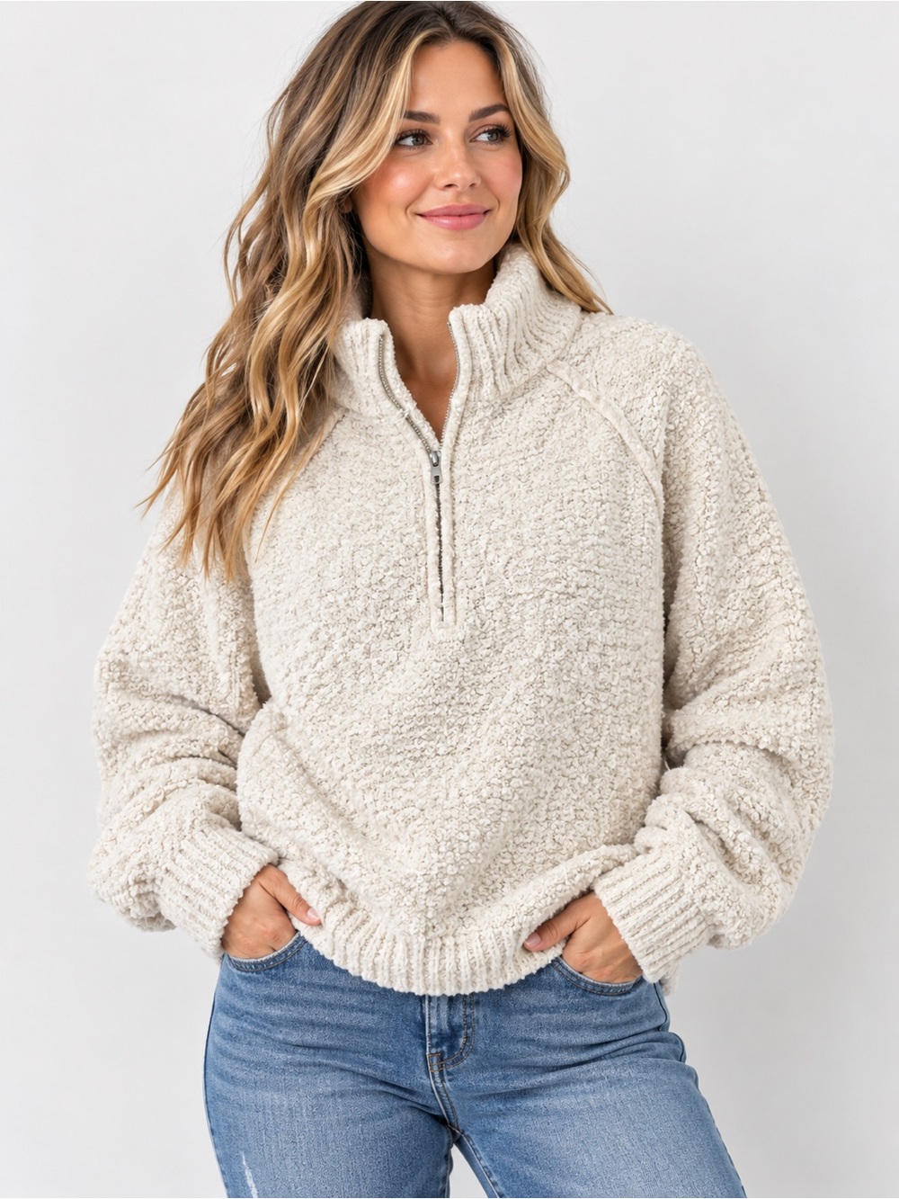 Pink Lily XL Ivory Cozy Textured Quarter Zip Pullover Sweater